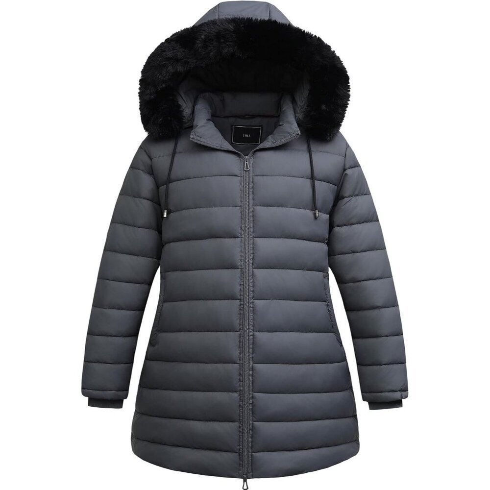 Women’s Flannel Lined Detachable Gray Down Hood Jacket Coat Fur Trim Stylish